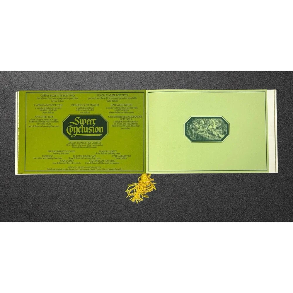 Vtg Truffles Cafe Menu Booklet Illustrated Green French Cuisine Ephemera Tassel